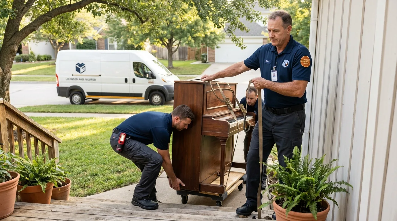 Licensed piano movers securing grand piano in Wyoming, IL