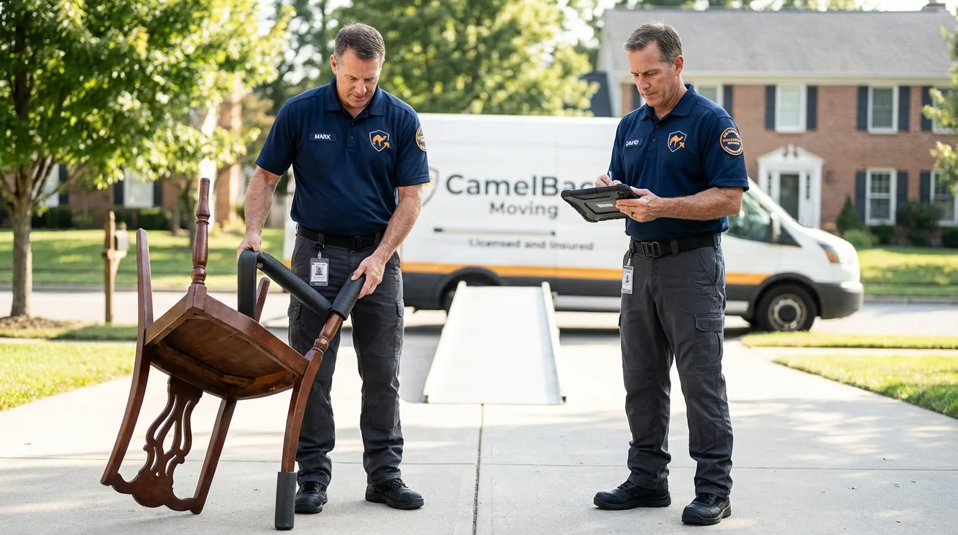 Movers inspecting furniture for damage prevention before loading in Wyoming, IL
